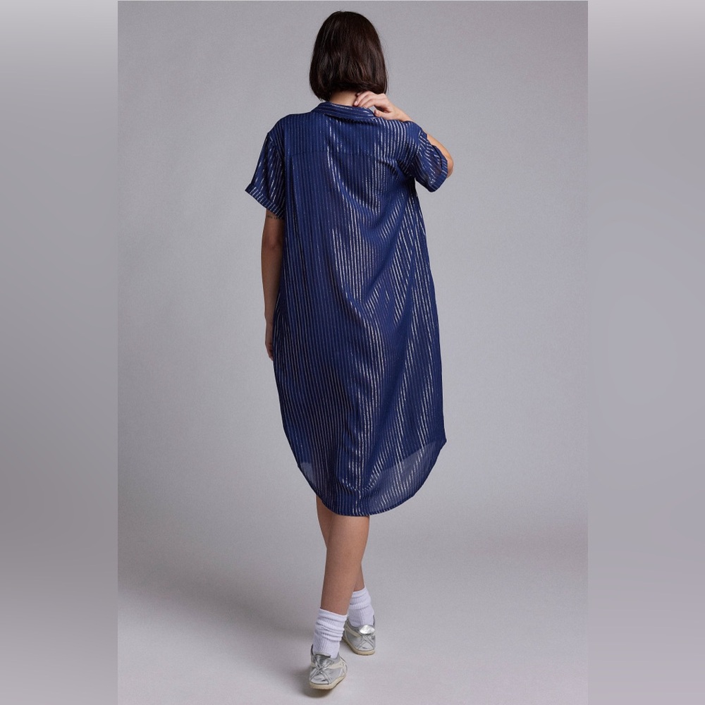 Wildfang Empower Pinstripe midi shirt dress blue silver stripe short sleeve M - Picture 6 of 16